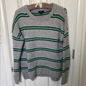 J. Crew Gray and Green Striped Crew Neck Sweater